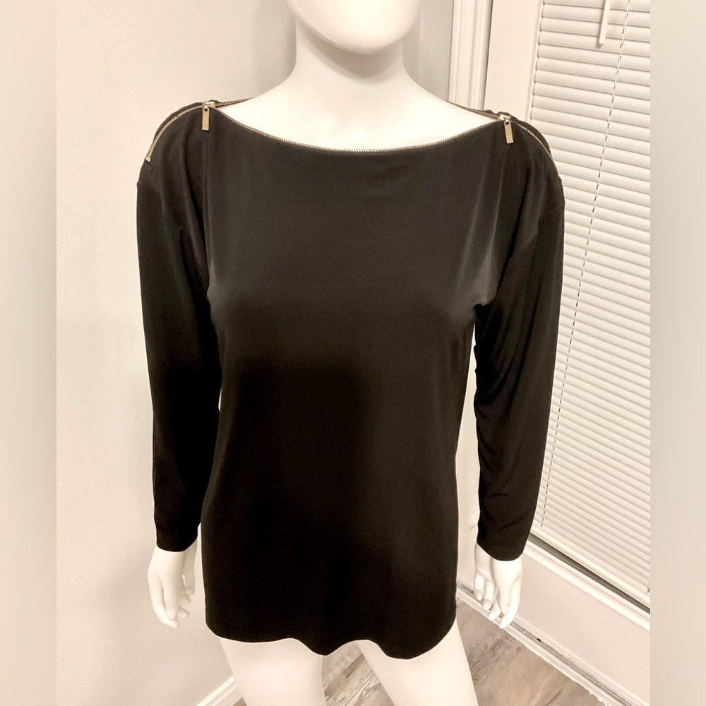 Ivanka Trump Beautiful black Long Sleeve Top with gold accent shoulder zipper. M